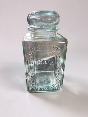 Vintage Glass Biscuit Jar Embossed Lid